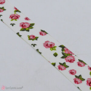 Λευκή βαμβακερή κορδέλα με ροζ τριαντάφυλλα