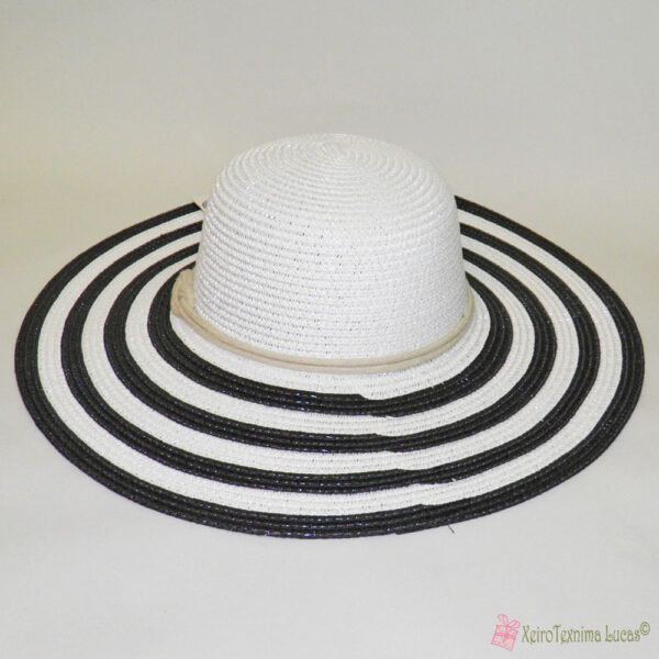 Λευκό γυναικείο ψάθινο καπέλο με μαύρες ρίγες