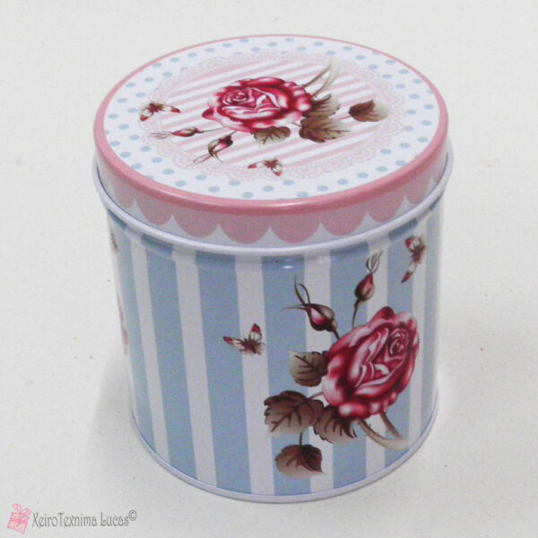 Κυλινδρικό μεταλλικό κουτί με ροζ τριαντάφυλλο