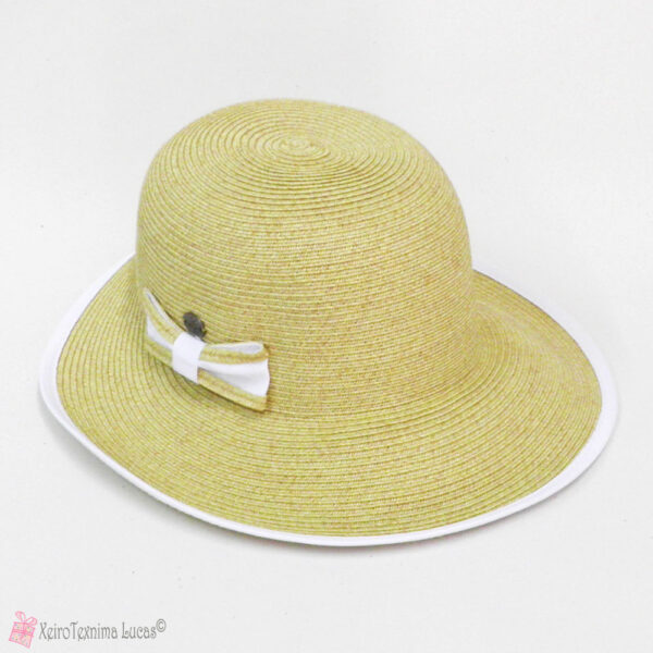 Μπεζ γυναικείο ψάθινο καπέλο με λευκή κορδέλα