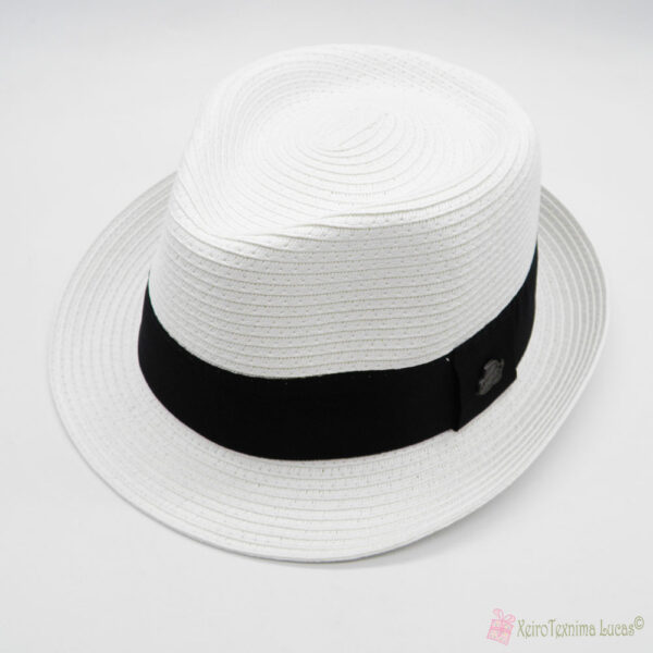 άσπρο ψάθινο καπέλο με μαύρη κορδέλα