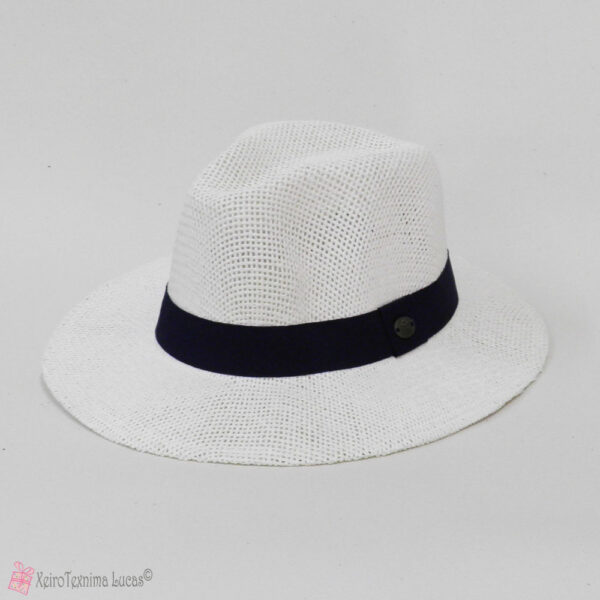 Λευκό unisex καλοκαιρινό ψάθινο καπέλο με μαύρη κορδέλα