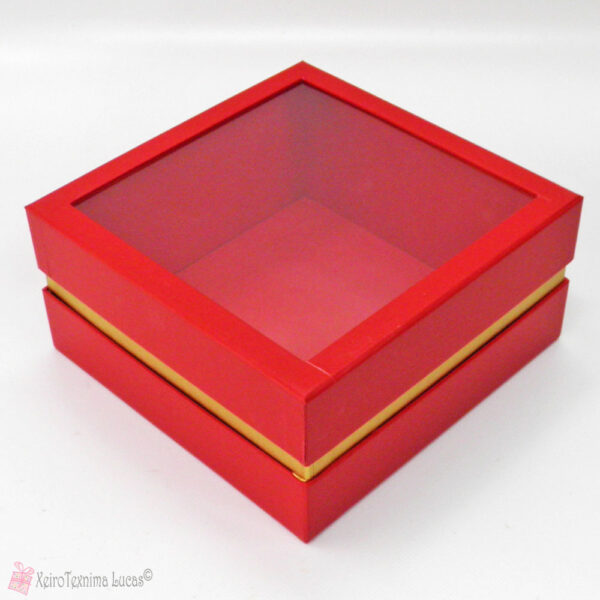 Κόκκινο τετράγωνο, χάρτινο κουτί με διάφανο καπάκι, για αμπαλάζ δώρου