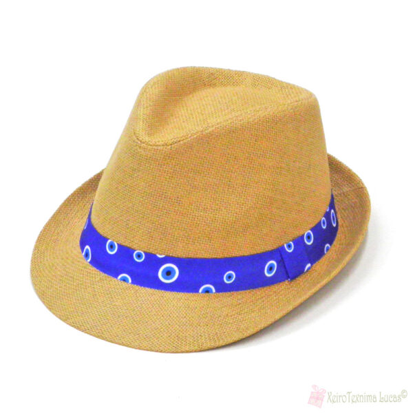 Καφέ ψάθινο καπέλο με μπλε κορδέλα με μάτια