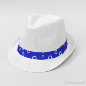 Λευκό ψάθινο καπέλο με μπλε κορδέλα με μάτια