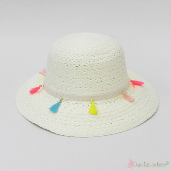 Λευκό γυναικείο ψάθινο καπέλο με πολύχρωμα φουντάκια
