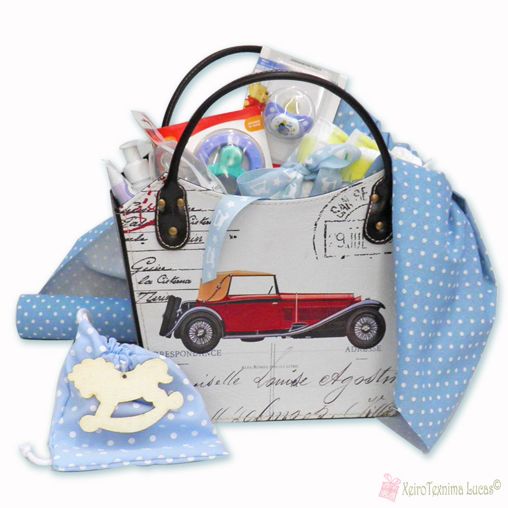 Εφημεριδοθήκη με αυτοκίνητο για αμπαλάζ δώρου σε νεογέννητο αγοράκι