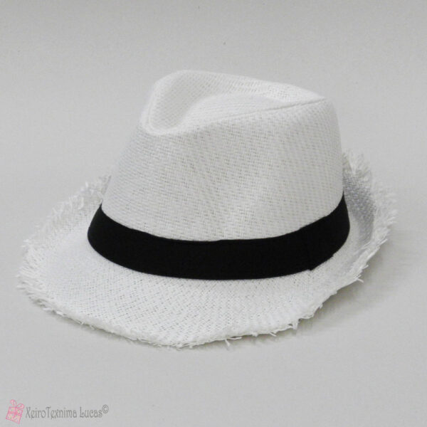 Λευκό ψάθινο καπέλο με ξέφτια και μαύρη κορδέλα
