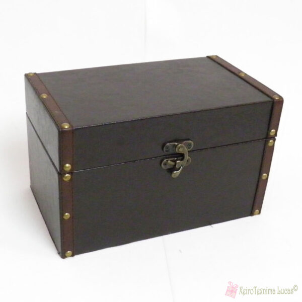 Ξύλινο κουτί μπαουλάκι με δερμάτινη επένδυση σε καφέ χρώμα