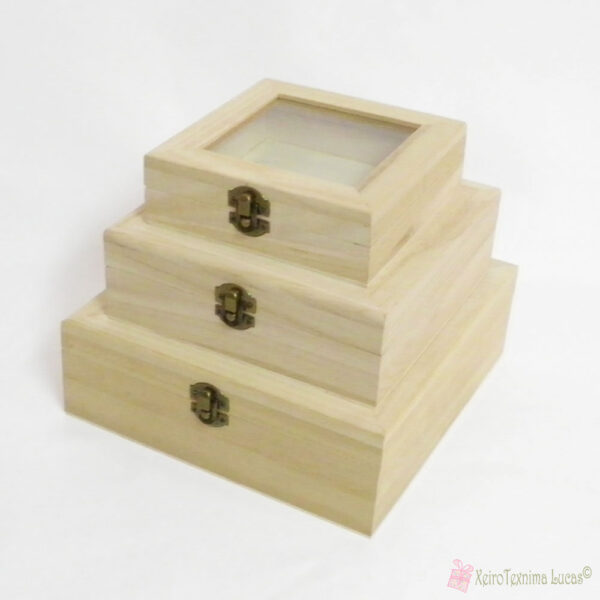 Μπεζ/ φυσικό τετράγωνο ξύλινο κουτί με διάφανο καπάκι