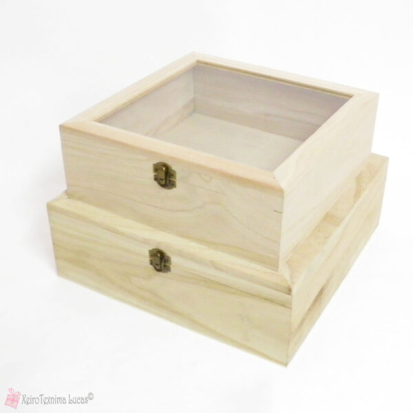 Μπεζ/ φυσικό τετράγωνο ξύλινο κουτί με διάφανο καπάκι