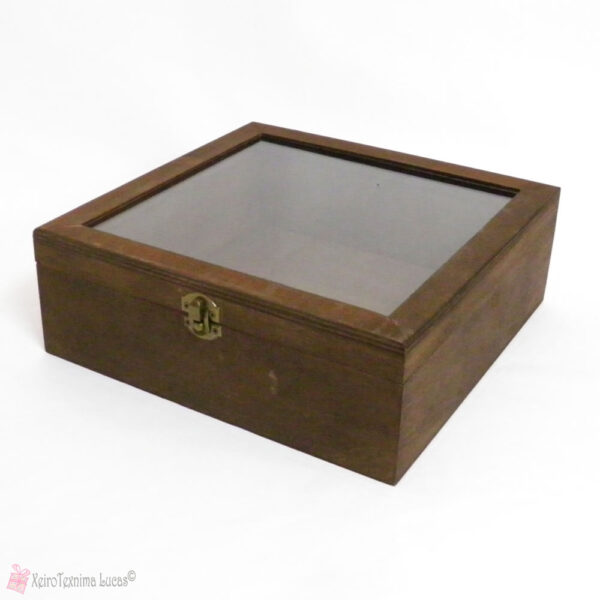 Καφέ τετράγωνο ξύλινο κουτί με διάφανο καπάκι