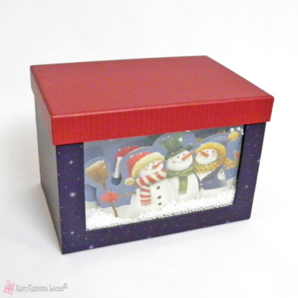 Μπλε χριστουγεννιάτικο κουτί βαλιτσάκι με διαστάσεις 15.5*22cm και ύψος 15,5cm με χιονάνθρωπους