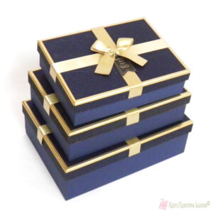Μπλε παραλληλόγραμμα κουτιά με χρυσή κορδέλα σε χρυσό καπάκι