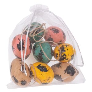 Διακοσμητικά πασχαλινά αυγά σετ 8 τεμαχίων με κορδονάκι σε κίτρινο μπεζ ροζ και πράσινο σε λευκό πουγκί | xeirotexnima lucas