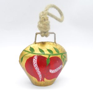 Χρυσή μεταλλική διακοσμητική κουδούνα με ζωγραφισμένα κόκκινα ρόδια | xeirotexnima lucas