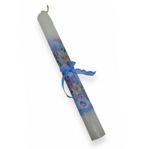 Λευκή οβάλ λαμπάδα με λουλούδια decoupage και γαλάζια δαντέλα