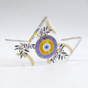 Plexiglass καραβάκι 13cm με κλαδί ελιάς και μάτι | XeiroTexnima Lucas