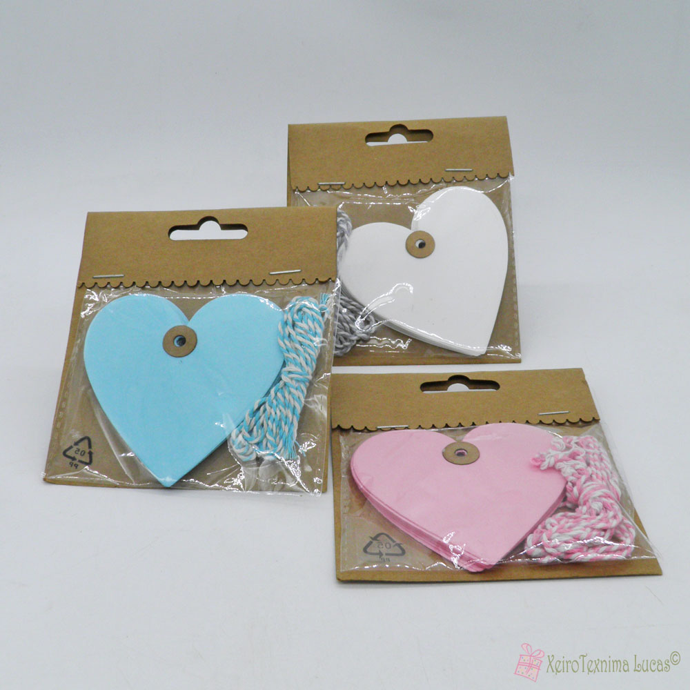 Χάρτινα gift tags σε σχήμα καρδιάς 7×8 cm με κορδόνι σε ροζ, γαλάζιο και λευκό χρώμα | XeiroTexnima Lucas