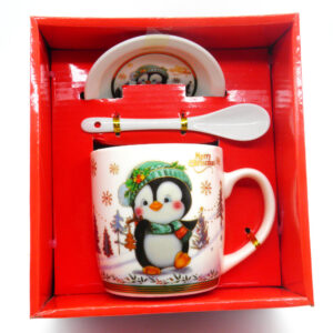Χριστουγεννιάτικη κεραμική κούπα με πιατάκι και κουταλάκι σε κόκκινη συσκευασία δώρου | XeiroTexnima Lucas